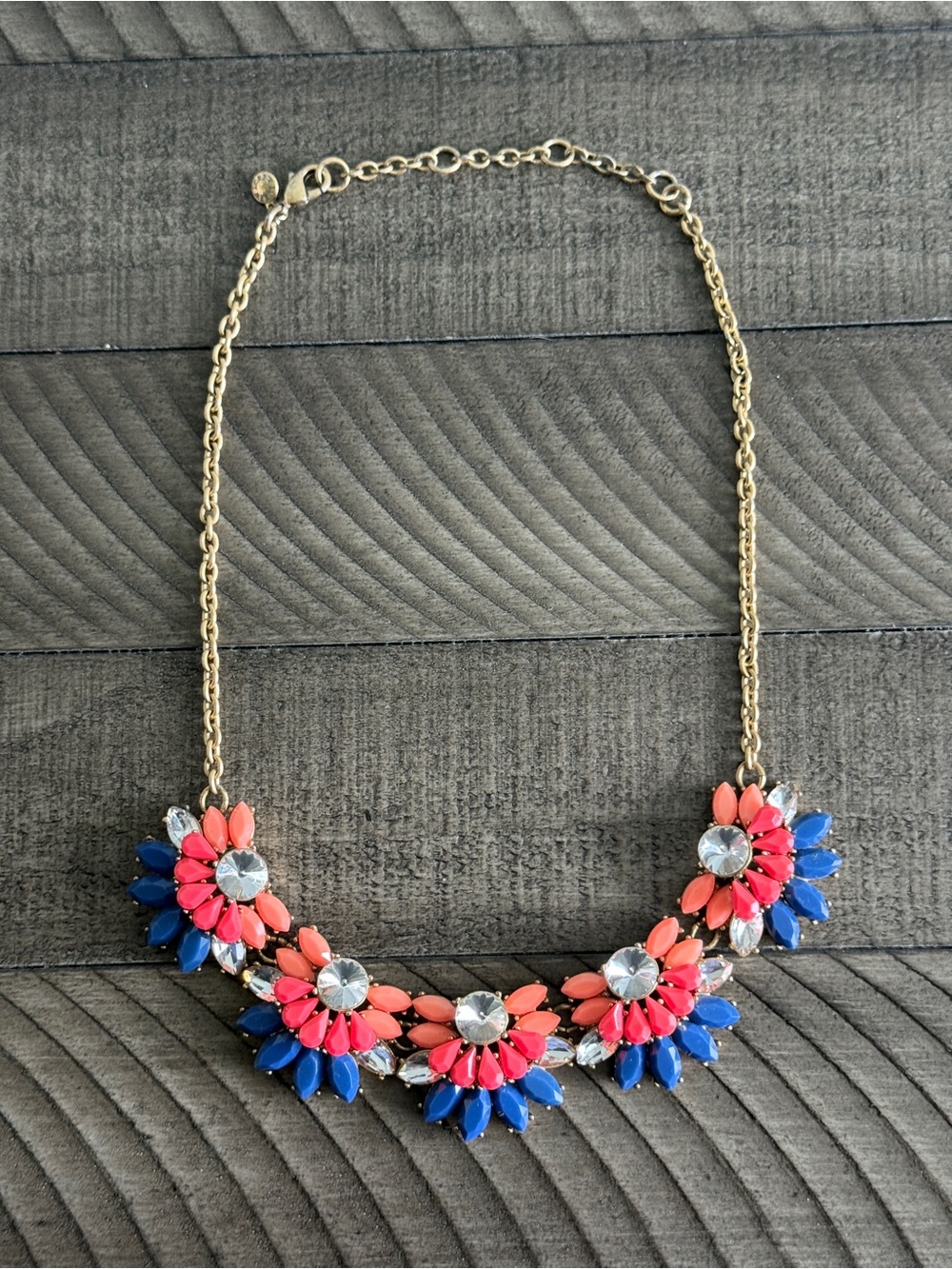 J.Crew Floral Fan Necklace With Crystal Blue Coral Pink Gold Tone Vintage